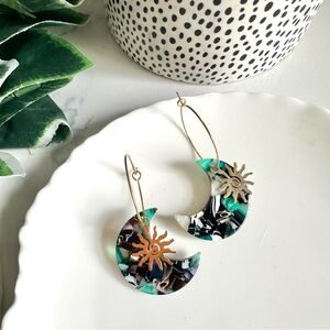 2/$30🌵 Green Black Marbled Acrylic Crescent Moon Gold Sun Hoop Earrings NEW